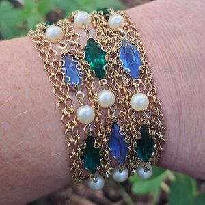 Vintage Multi Row Chain Glass Faux Pearl Bracelet